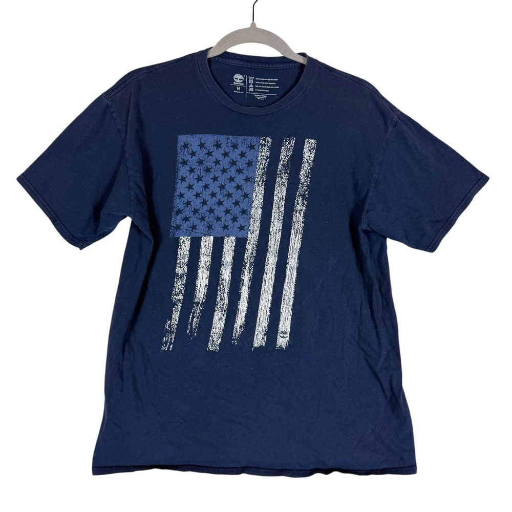 Timberland Shirt Mens Medium Blue Distressed Flag Graphic Tee Patriotic USA
